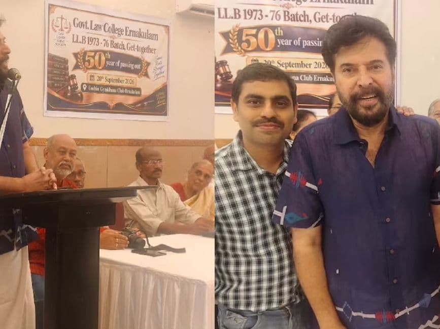 Mammootty Reunites With 1970s Law College Classmates; 50-Year‑Old Batch Celebrates Milestone