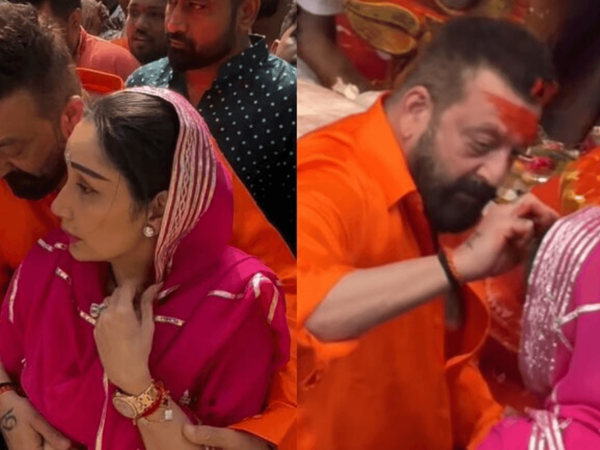 Sanjay Dutt applies sindoor on wife at Lalbaugcha Raja; crowd shielded her from throngs